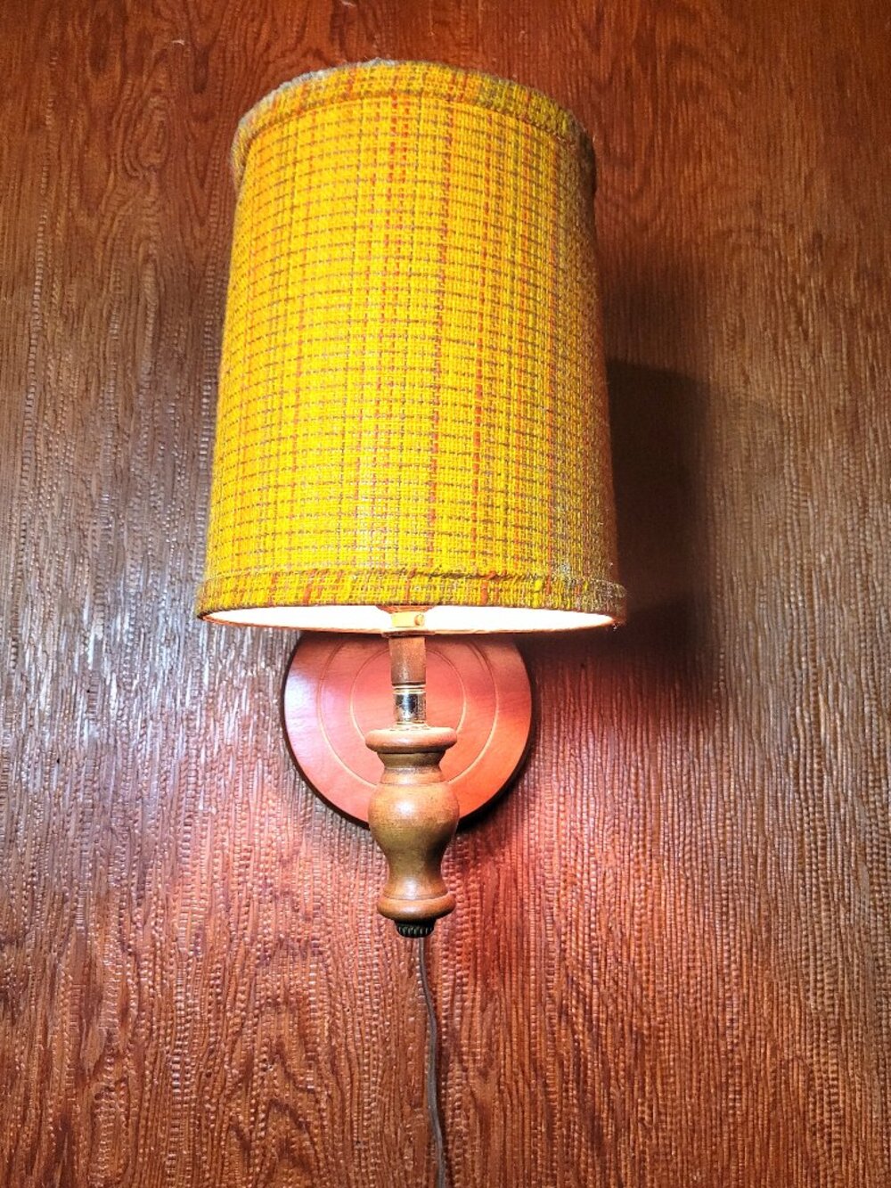 1970 Wall Sconce Lamp Turned Wood Base Yellow Woven Burlap Cylinder Shade